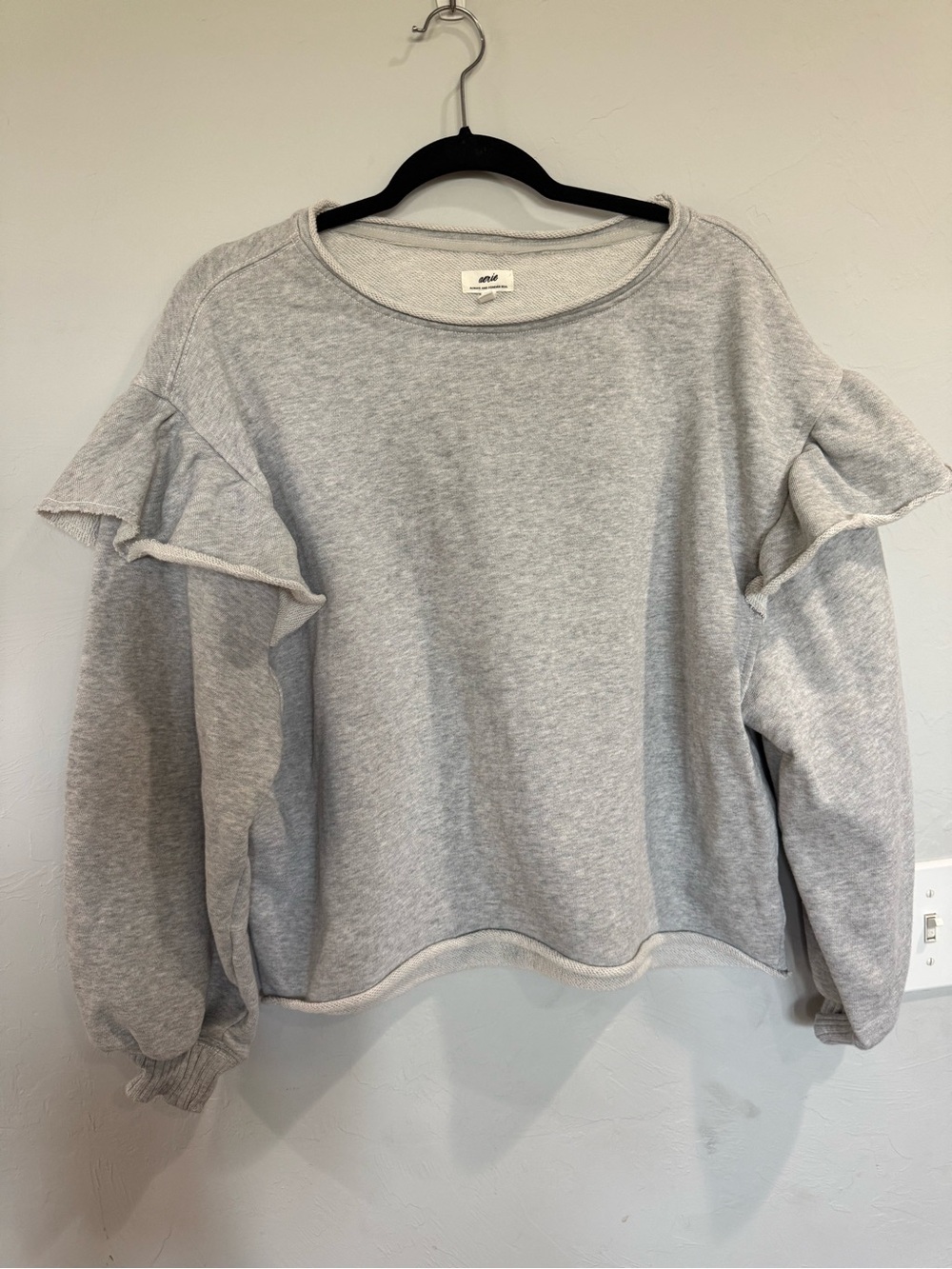 AERIE-Gray Ruffle-Sleeve Sweatshirt Top